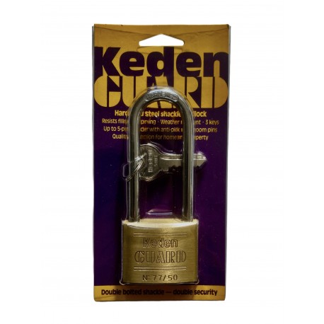 50mm Keden 'Guard' long shackle brass padlock, keyed alike, carded